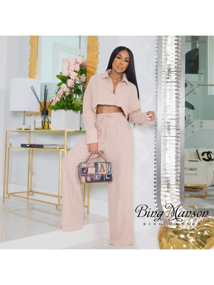 2023 Autumn Women's New Fashion Trend Sports Simple Solid Short Shirt Wide Leg Pants Casual Set Street Clothing Two Piece S