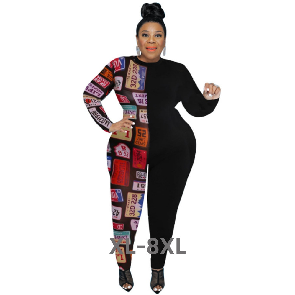 Plus Size Women's Clothing Summer New Temperament and Fashion Semi-printed Long-sleeved Ladies Jumpsuit 3xl 4xl 5xl 6xl