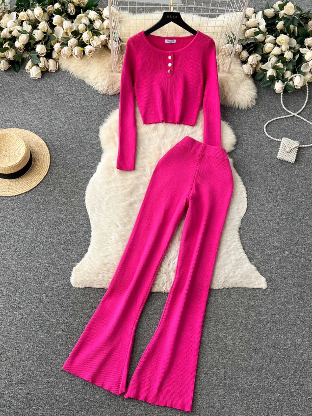 Autumn Winter Knitted Pant Sets Women 2023 Long Sleeve Sweater and Bodycon Flare Pant Outfit Fashion Elegant Red Two Piece Set
