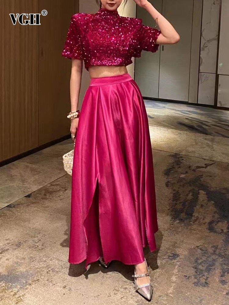 VGH Temperament Two Piece Sets For Women Round Neck Short Sleeve Blouses High Wasit Spilt A Line Skirts Elegant Set Female New