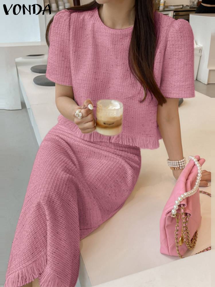 VONDA Women Office Dress Matching Sets 2023 Elegant Sets Summer Short Sleeve Fashion Suits V-Neck Sexy Tops + Casual Mini Skirts