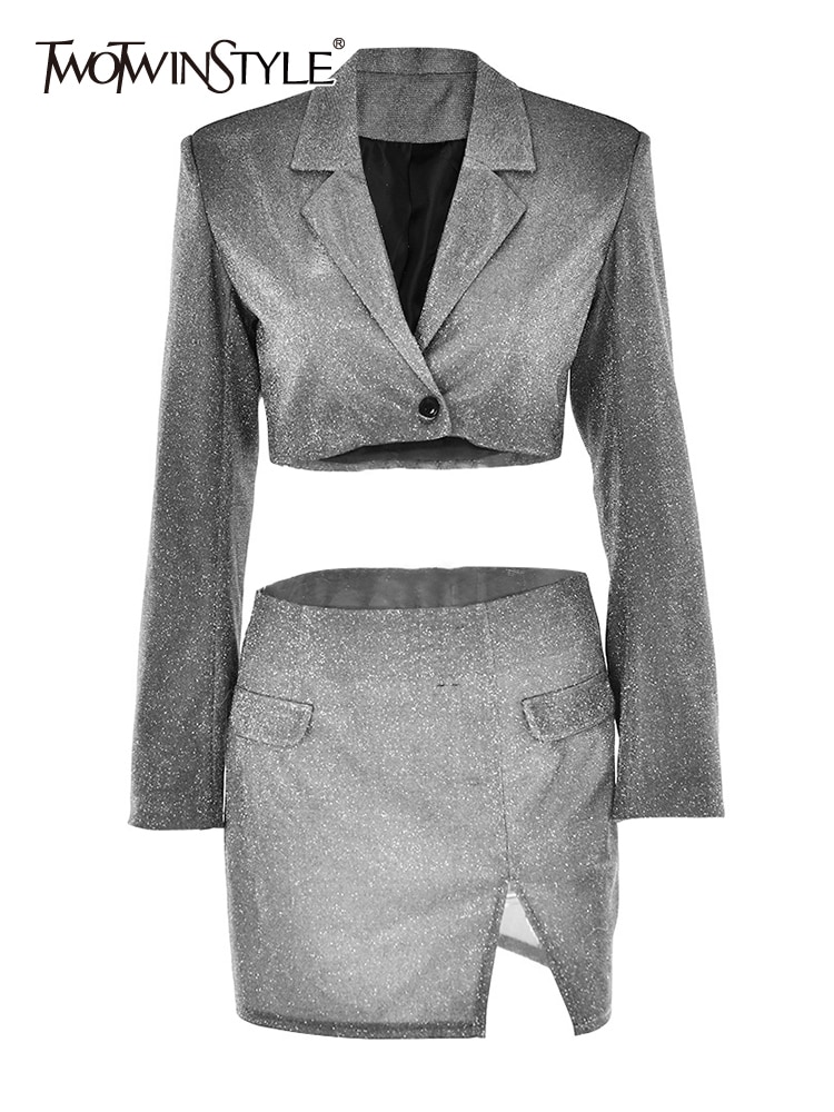 TWOTWINSTYLE Solid Slimming Two Piece Sets For Women Notched Collar Long Sleeves Tops High Waist Mini Bodycon Sexy Set Female