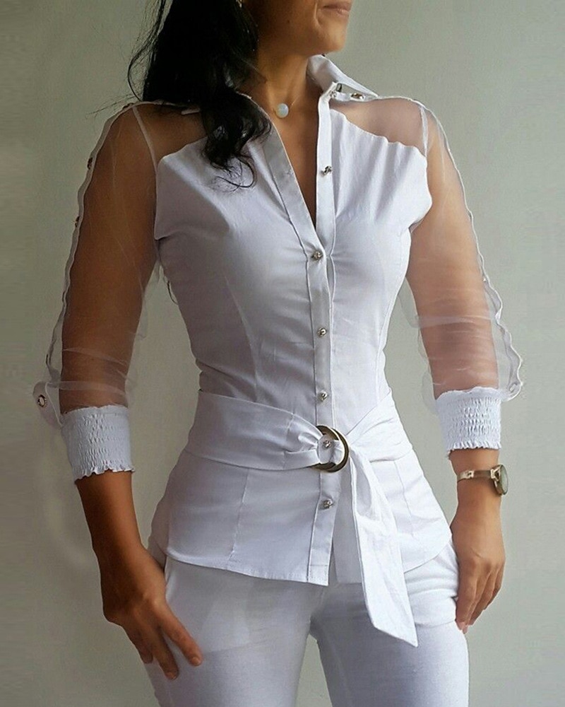 Women See Trough Long Sleeve Casual Shirts Top Blouse Single Breasted Button White Spring Summer Sexy Shirt