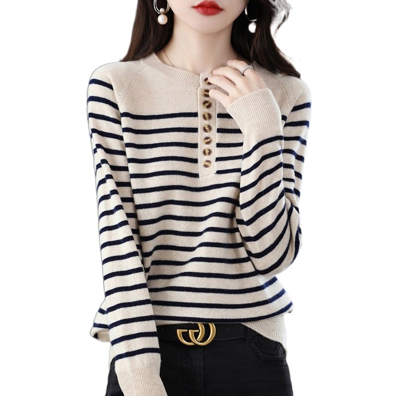 Crewneck cashmere sweater autumn versatile striped long-sleeved knit undershirt for women