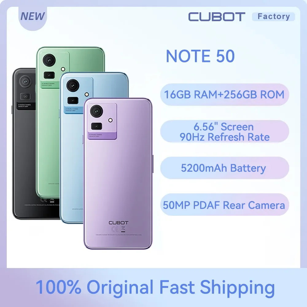 Cubot NOTE 50 Smartphone 6.56" 16GB 256GB 90Hz Refresh Rate 5200mAH 50MP Camera GPS Face ID NFC Fingerprint Scanner Cellpho