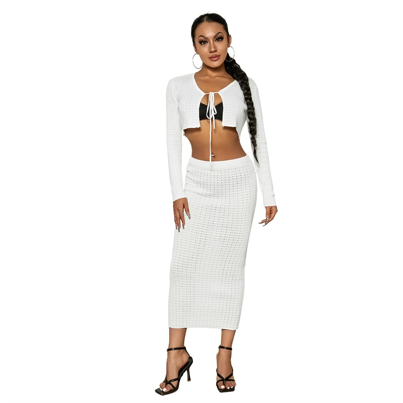 Musuos Women Knit Bodycon Skirt Set Solid Tie-up Long Sleeve Cradigan Crop Tops Elastic Waist Wrapped Skirts Casual Streetwear