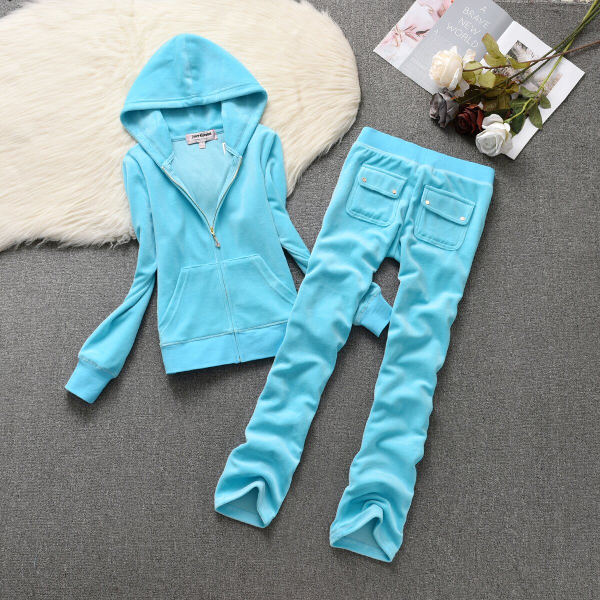 Velvet Tracksuit for Women 2023 Hoodies Sweatshirt and Straight Leg With Pocket Two Piece Set Female Sweat Suit