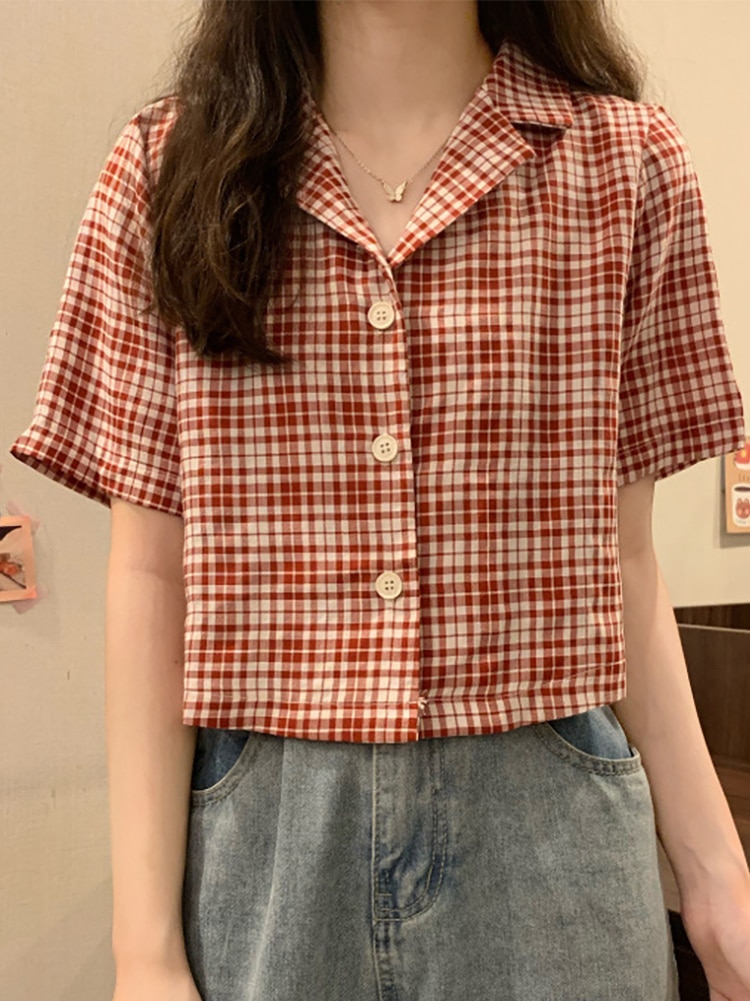 Loose Fit Korean Plaid Suit Collar Short Shirt Women's Loose Fit Slimming Retro Hong Kong Style Short Sleeved Summer Top