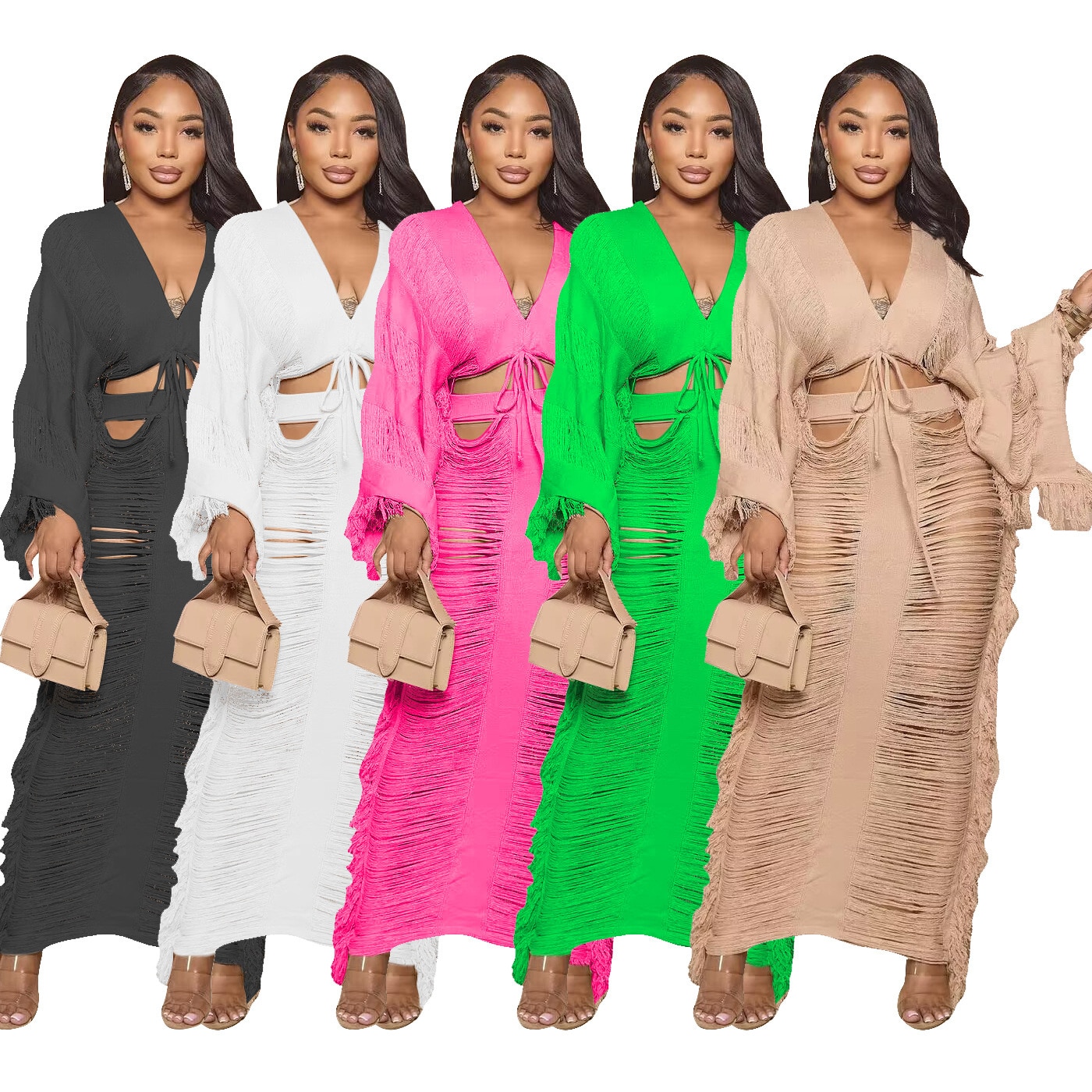 2023 Women Sexy Lace Up V Neck Crop Top + Long Skirts Skinny Club Party Beach Outfits Elegant Hollow Out Hole Tassel 2 Piece Set