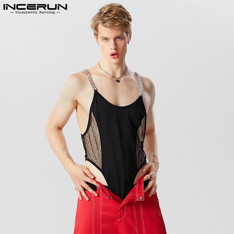 Sexy Homewear Jumpsuits INCERUN Men Chain Shoulder Strap Design Mesh Polka Dot Bodysuits Stylish Spliced Triangle Bodysuit S-5XL