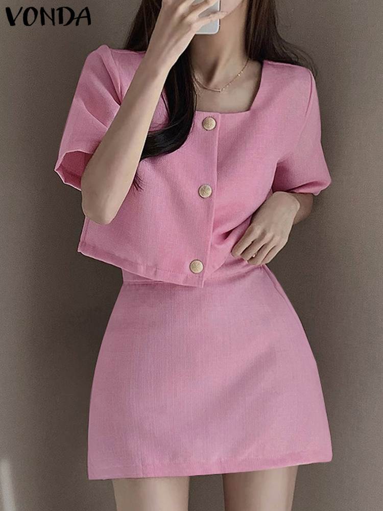 VONDA Summer Women Dress Sets 2023 Short Sleeve Square Collar Tops Fashion Mini Skirts Elegant Matching Sets Casual Solid Suits