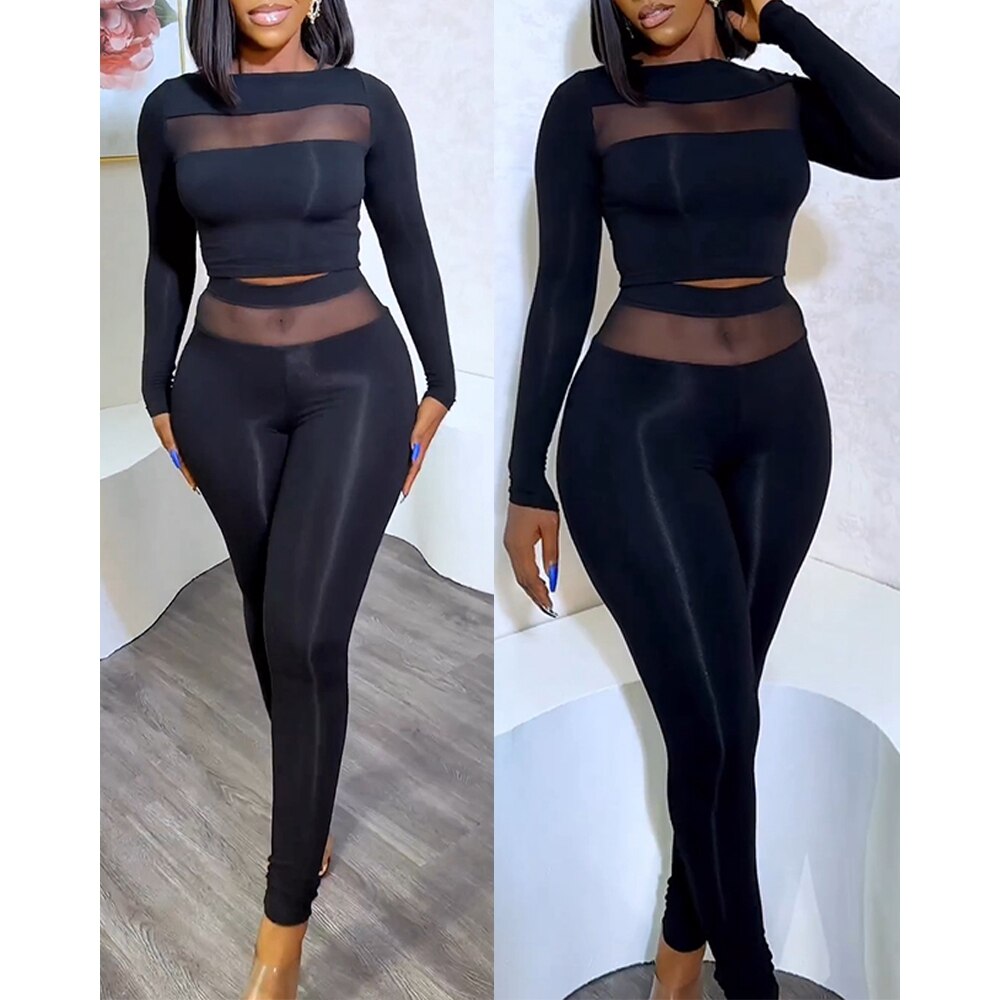 Summer Autumn Women y2k Sheer Mesh See Through Sexy Long Sleeve Top & High Waist Pants Set Korean Style Two Pieces Set for W