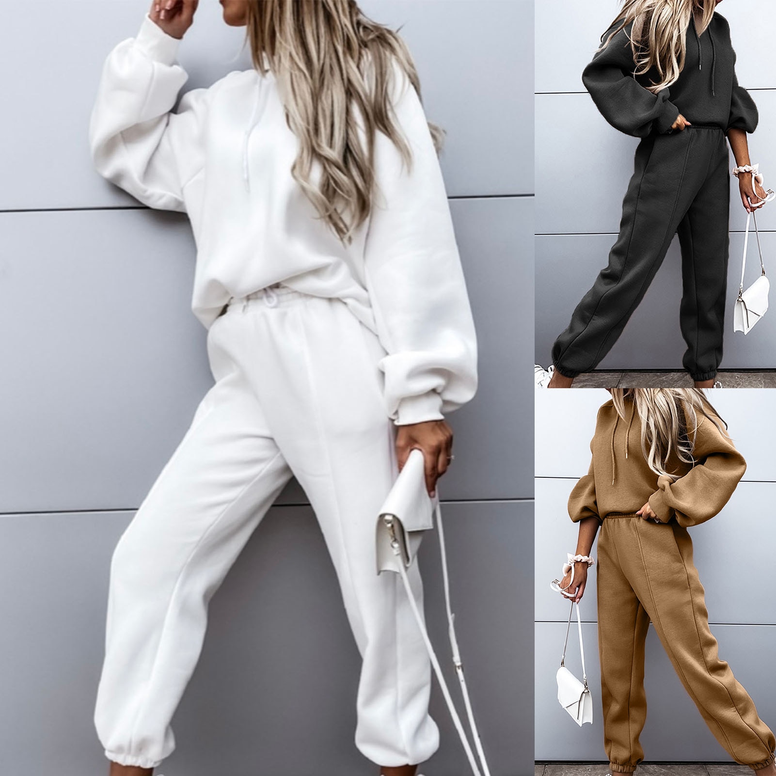 Women's Tracksuit Casual Solid Long Sleeve Hooded Sport Suits Autumn Warm Hoodie Sweatshirts And Long Pant Fleece Two Piece