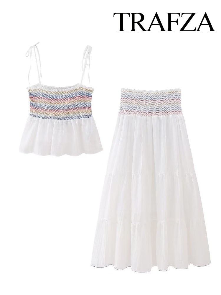 TRAFZA Color Stripes Bow Lace-Up Sleeveless Camis+Elastic Waist Splicing Loose Skirts Elegant And Fashion Women's Skirts Su