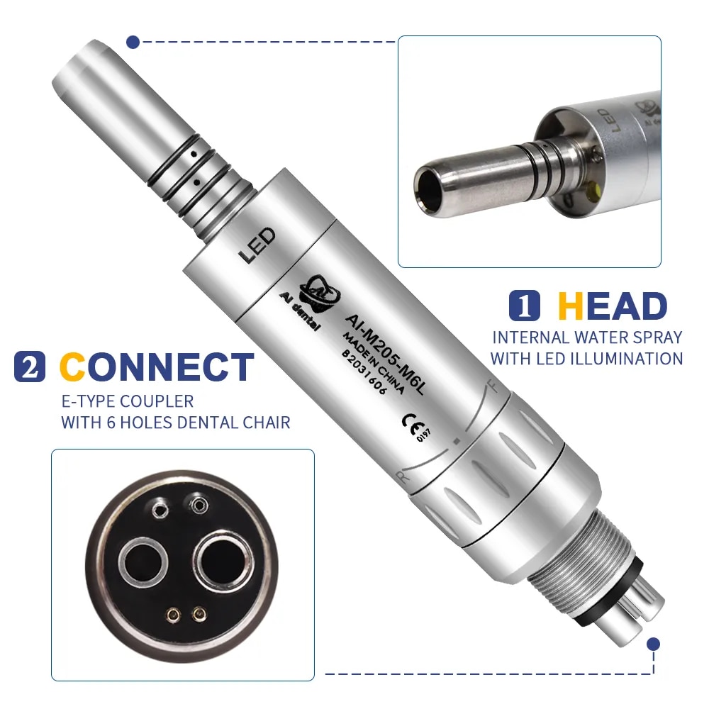 LED Air Motor Dental Fiber Optic Handpiece 6 Holes 1:1 Low Speed Straight Contra Angle for Dentist Professional AI-M205s