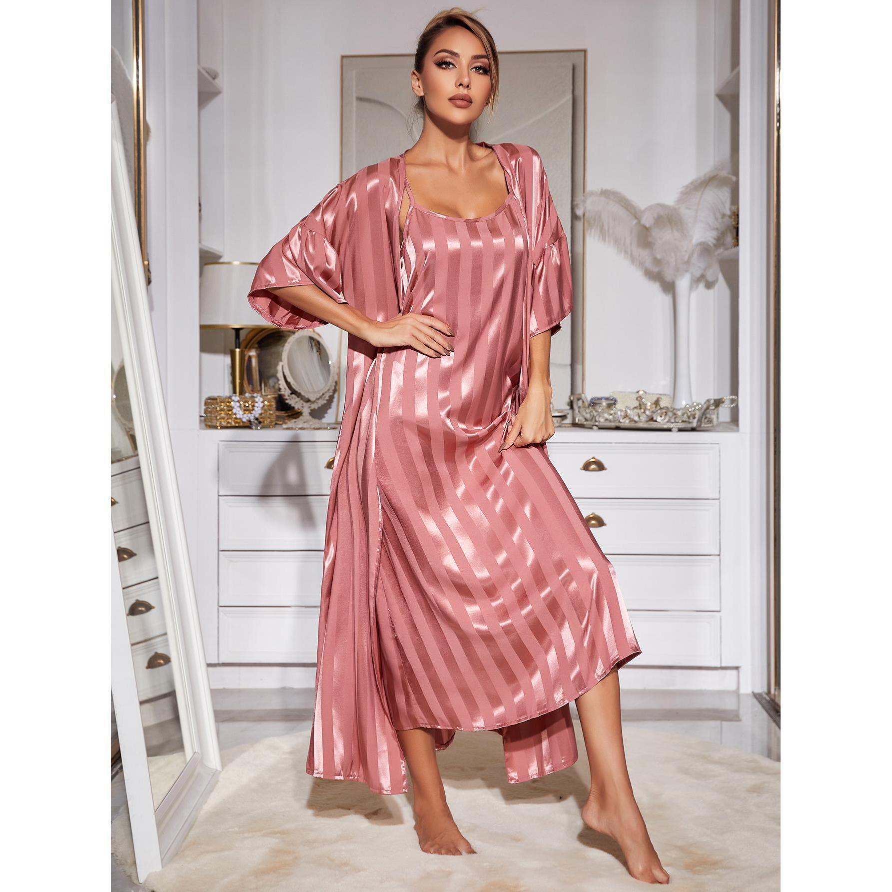 2PCS/Set Women Suspended Pajamas Set Sleeveless Ice Silk Nightgown Long Dress Women Sexy Sleepwear Stain Nightdress Gown Sets