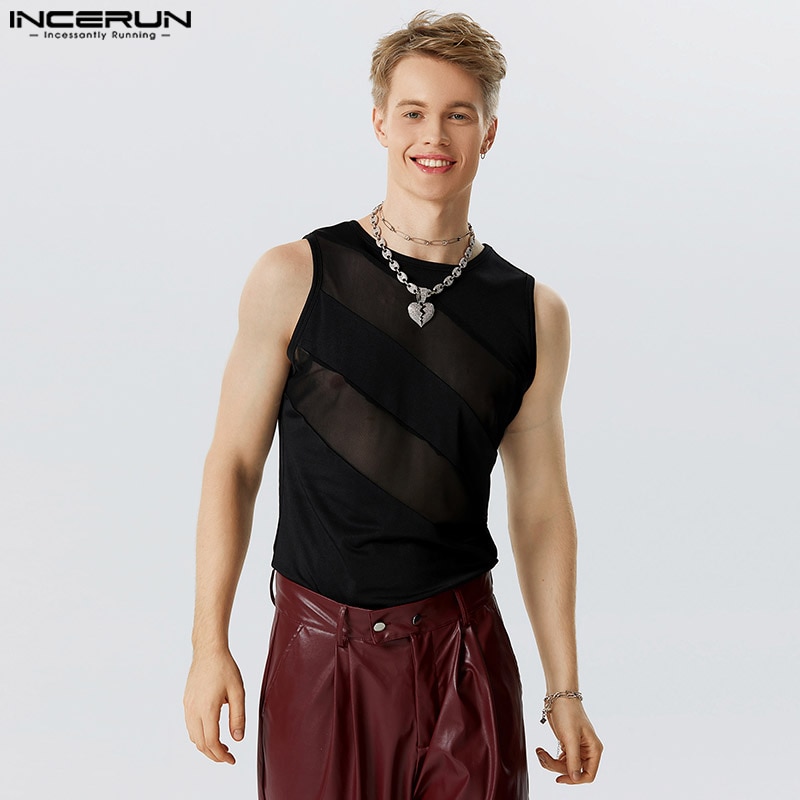 INCERUN Sexy Homewear Bodysuits New Men See-through Mesh Knitted Splice Jumpsuits Casual Solid Sleeveless Triangle Rompers S-5XL