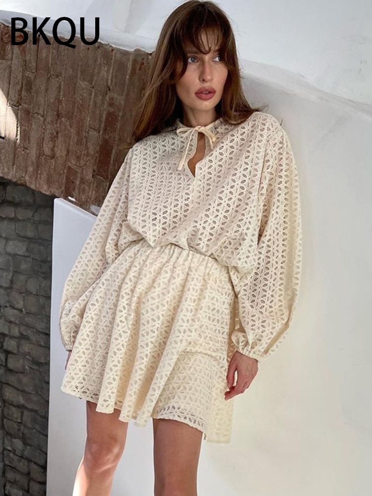 BKQU 2023 Autumn Jacquard Hollow Out Skirt Sets Women Casual O Neck Long Sleeve Shirt And Loose Mini Skirts Two Piece Set Sweet