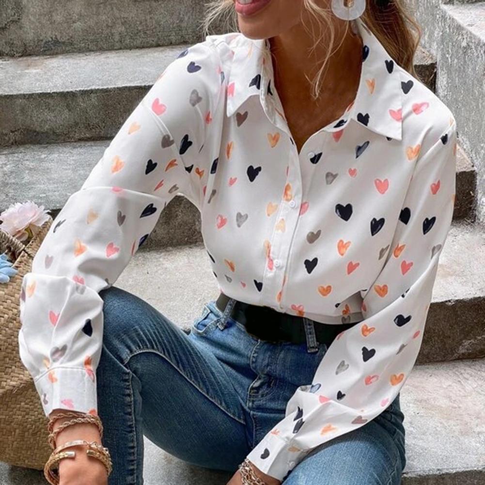Women Butterflies Print Shirt Breathable Long Sleeve Blouse Charming Women's Spring Lapel Shirt Heart Butterflies for Stree