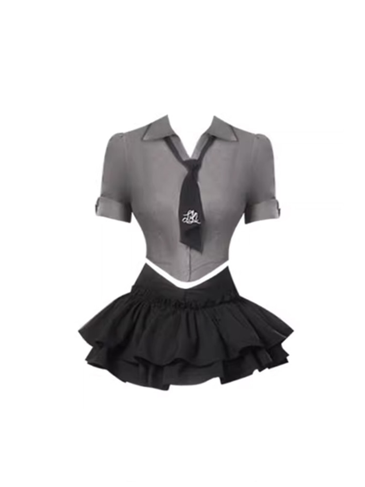 Preppy Style Summer Tide Fashion Gyaru Y2K Outfits 2 Piece Set Polo-Neck Crop Tops Single Breasted+ A-line Pleated Skirts Gothic
