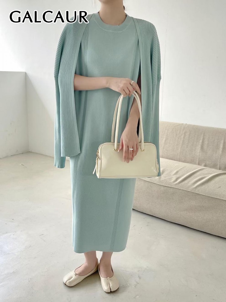 GALCAUR Temperament Two Piece Sets For Women Long Sleeve Cardigan Round Neck Flying Sleeve Loose Midi Dress Knitting Set Female