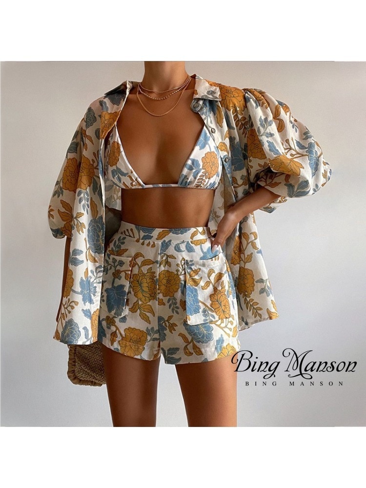 Spring and Summer 2023 New Women's Fashion Trend Casual Loose Shirt Camisole Shorts Three Piece Beach Women's Y2k Dres