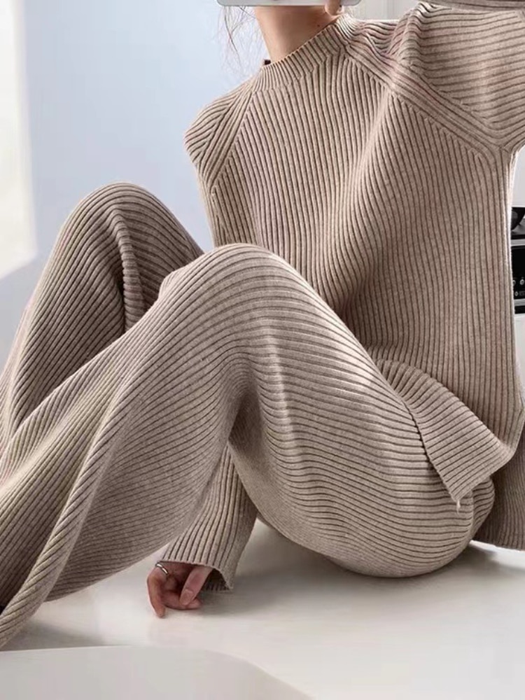 Autumn Women Knitted Tracksuit High Waist Wide Leg Pants Oversized Sweater Pullover Suit Warm Casual Winter Two Peice Sets Women