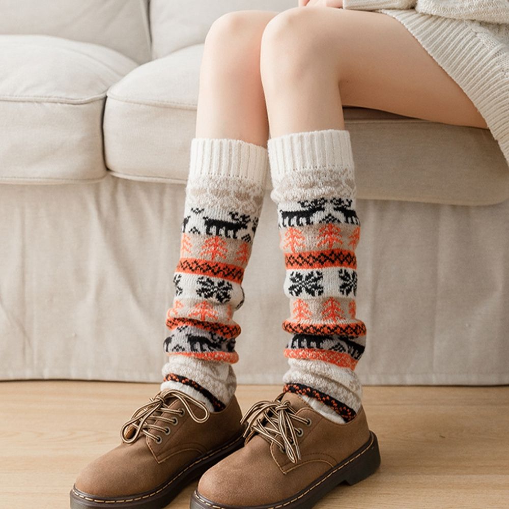 Autumn Boots Cover Wool Stripe Girl Snowflake Shape Christmas Socks Wool Boots Knitted Foot Cover Women Leg Warmers