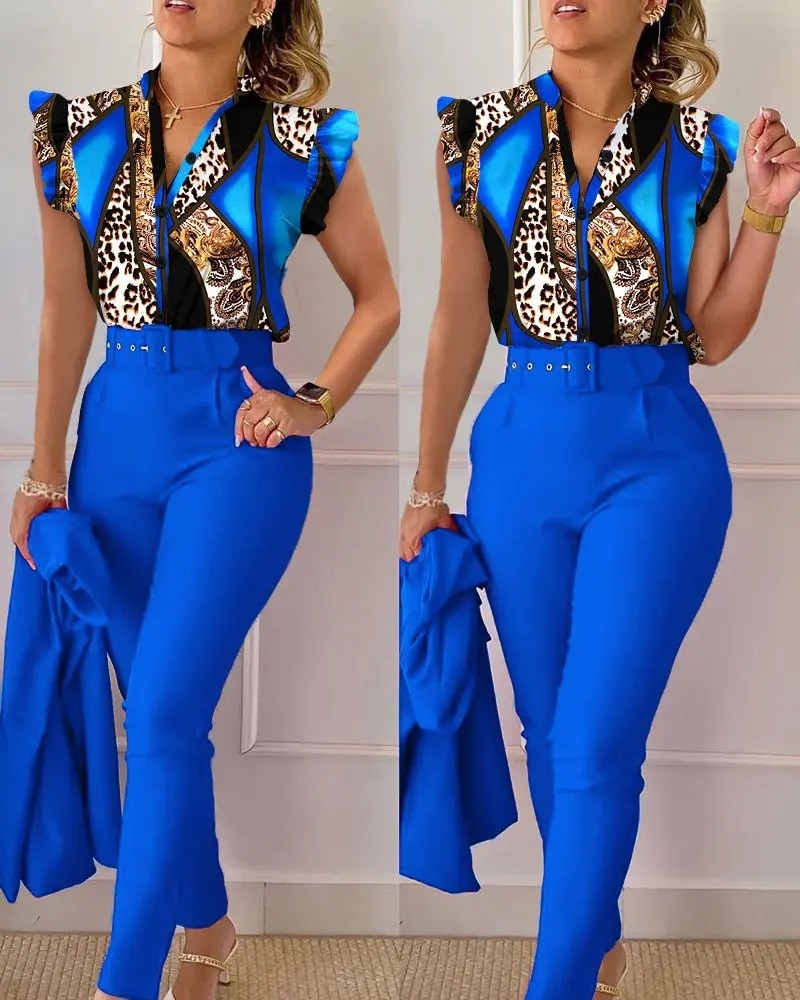 Women Elegant Shirt Pants Set Summer Print High Waist Casual Short Sleeve Two Piece Set Female Office Lady V Neck Trousers Suits