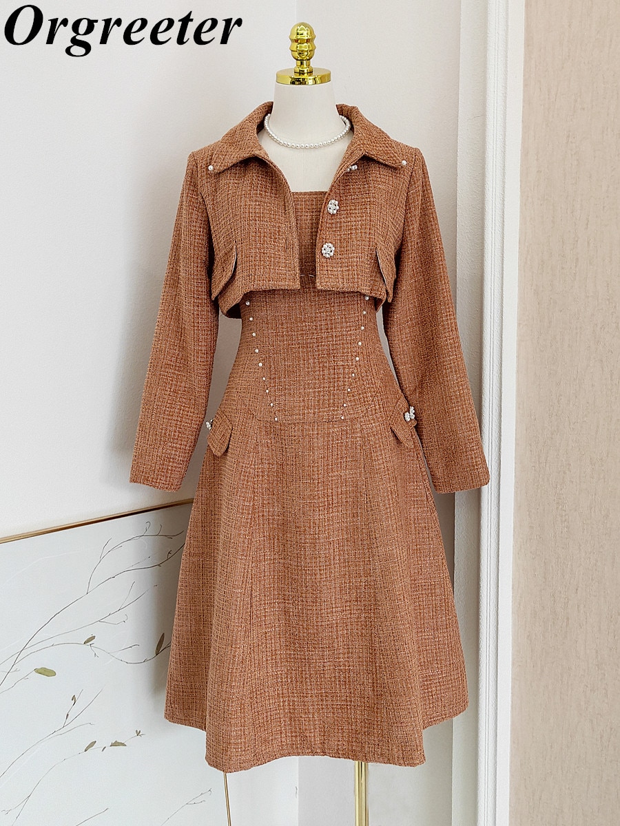 High Qualtiy Fall Winter Wool Tweed Two Piece Set Women Cropped Blazer Jacket + Sexy Strapless Dress Sets Party 2 Piece Suits