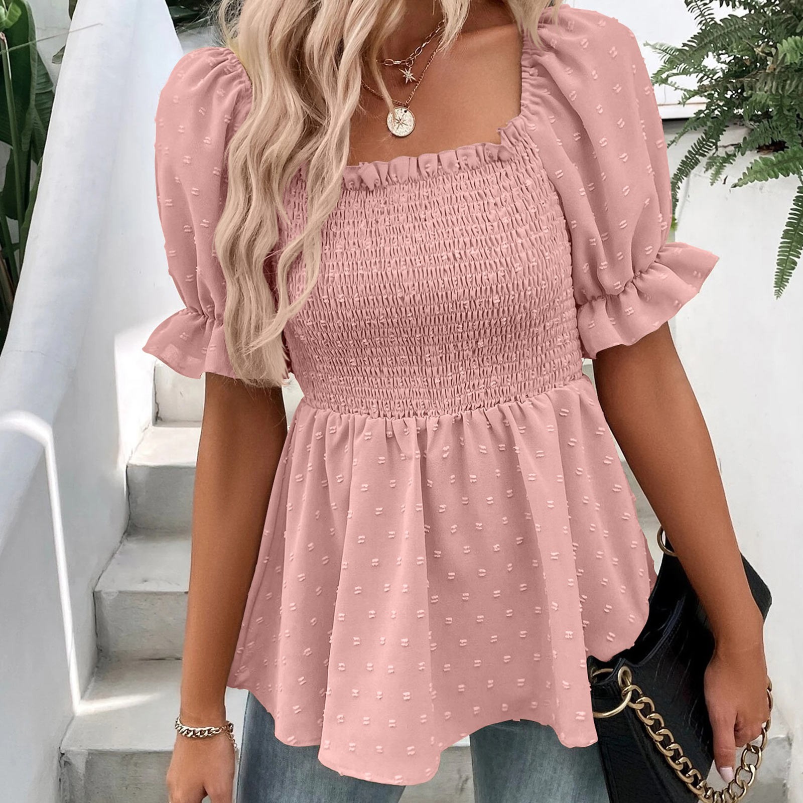 Women Short Chiffon Shirt Square Neck Top Puff Sleeve Design Women's Short Sleeve Thin Shirt Women's Blouses Sweet Cut