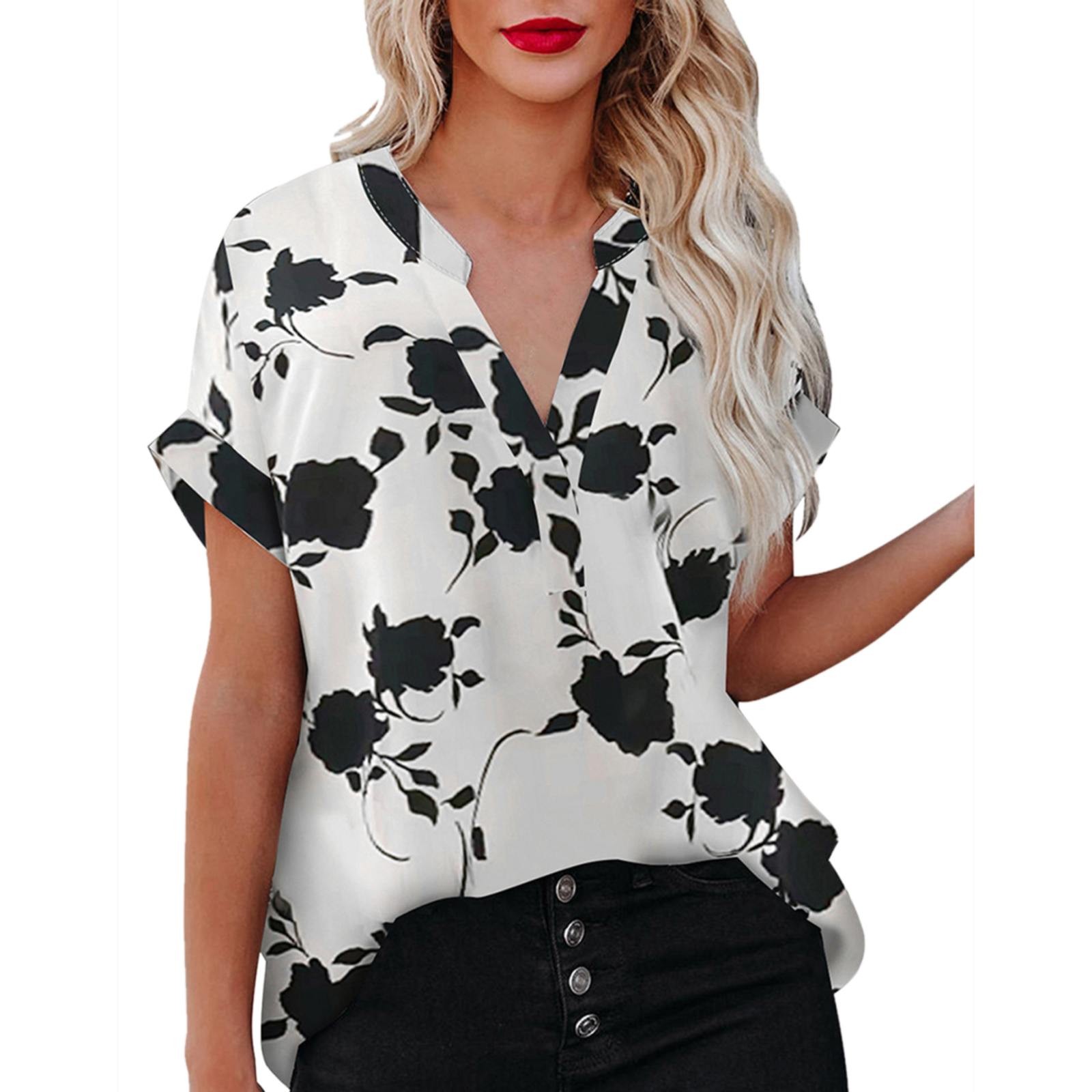 2023 New Floral Blouse Women Turn-down Collar Short Sleeve Fashion Plus Size Casual Blouses Elegant Lady Office Work Shirts Tops