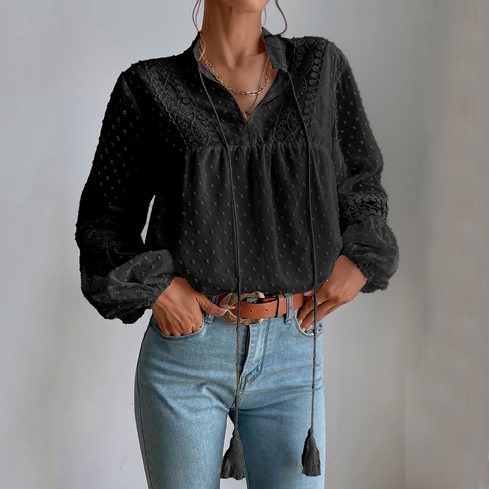 Elegant Chic Blouse Shirt Women Polka Point Chiffon Lace Patchwork Hollow Out Embroidery Blouse Long Sleeve Casual Ladies Top
