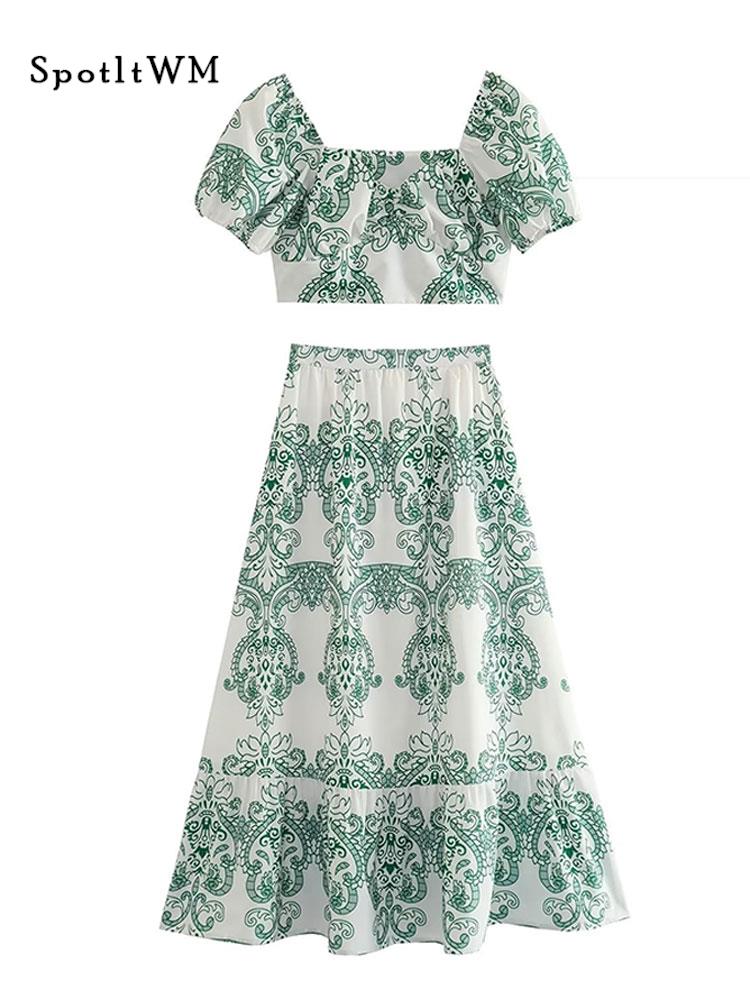 Fashion Printed High Waist Skirt Outfits Women Sexy Square Neck Short Sleeve Top Skirt Suits Summer Casual Female 2 Pieces Set