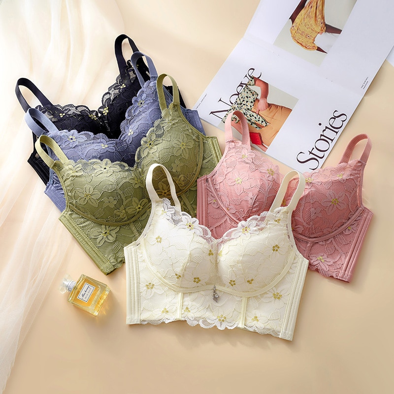 New Sexy Lace High Side Closed No Steel Ring Women Bra Gathered Close Side Breast Adjustable Straps Thin Thick Woman Underwear