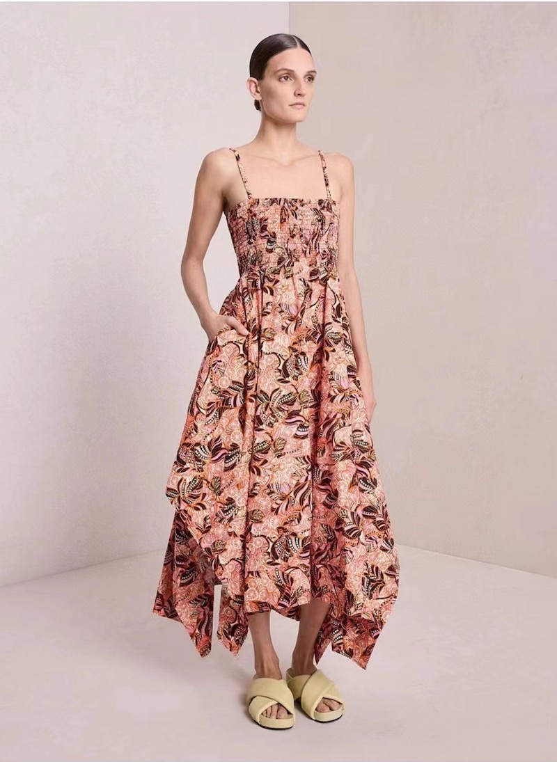 Pure Cotton Floral Print Suspender Dress Women's Elastic Corsage Print Hollow Back Halter Irregular Hem Cotton Mid-length D