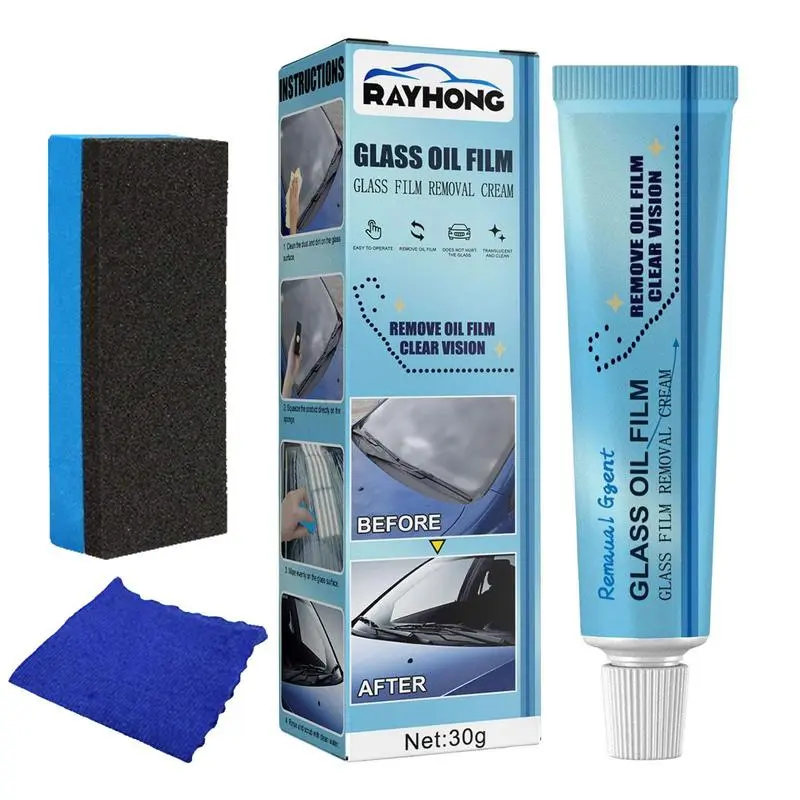 Glass Dirt Remover Mirror Oil Film Remover With Sponge Towel Universal Car Glass Polishing Degreaser Oil Film Cleaner For Mirror