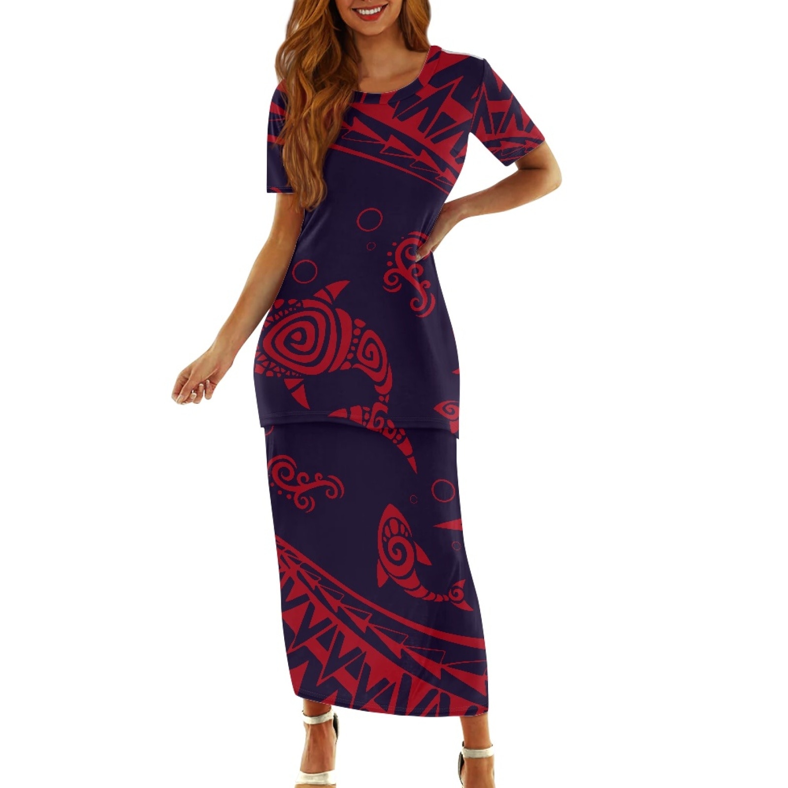 Polynesian Tribal Tongan Totem Tattoo Tonga Prints Black Red Fish Pattern Dress Elegant Evening Party Round Neck Two Piece Set
