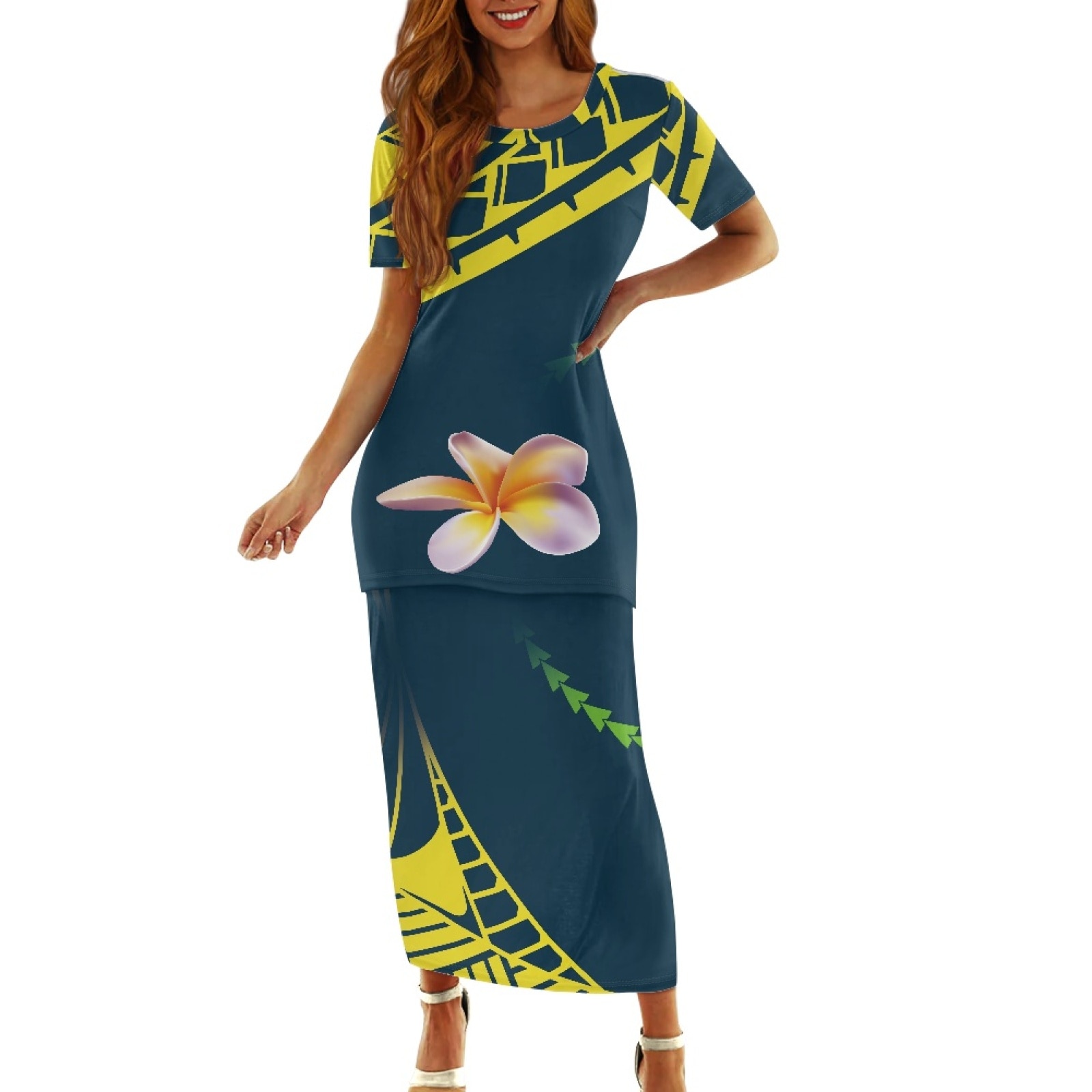 Polynesian Tribal Pohnpei Totem Tattoo Prints New Green Plumeria Dresses Elegant Evening Party Casual Round Neck Two Pieces Set