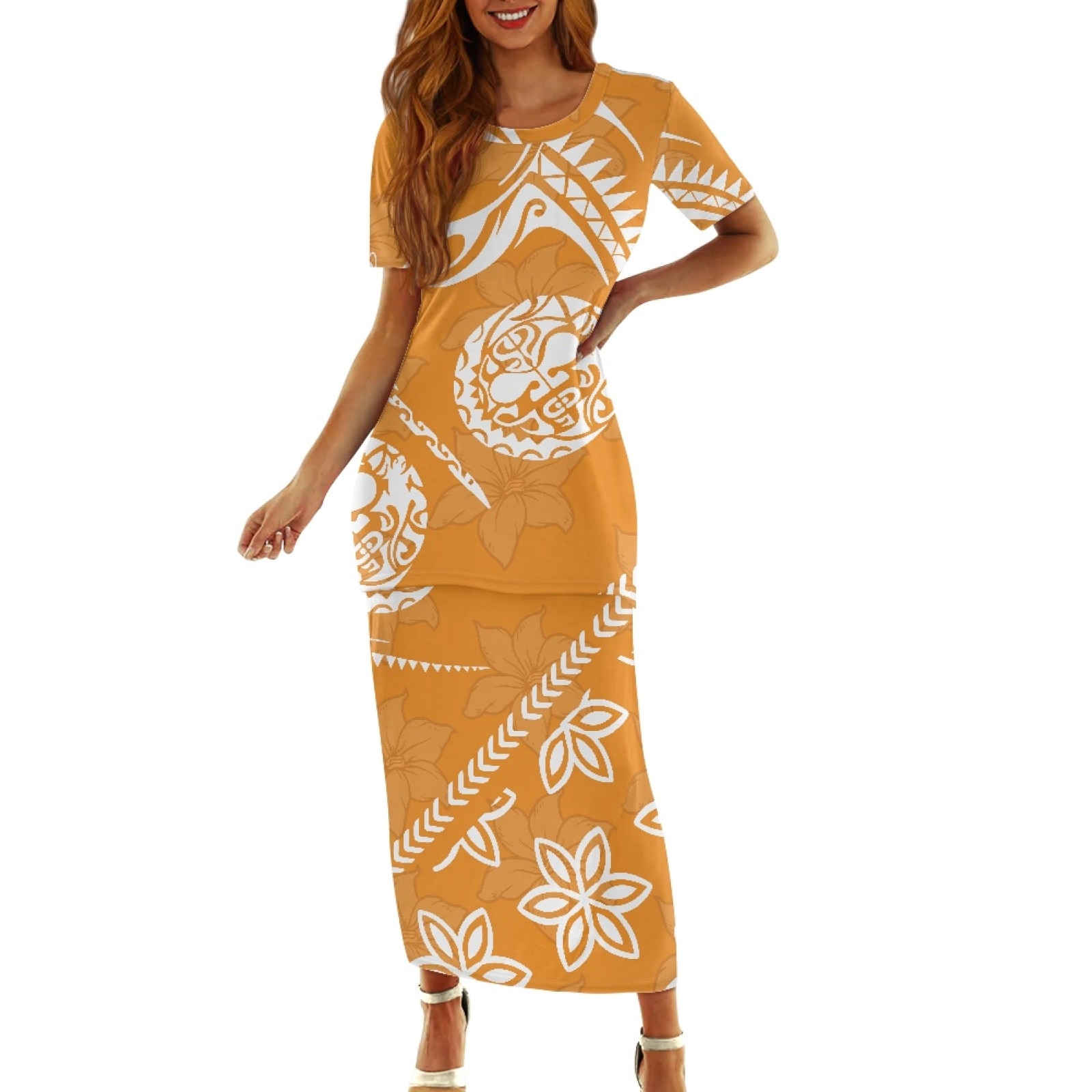 Polynesian Tribal Fijian Totem Tattoo Fiji Prints Orange White Print Dress Elegant Evening Party Casual Round Neck Two Piece Set