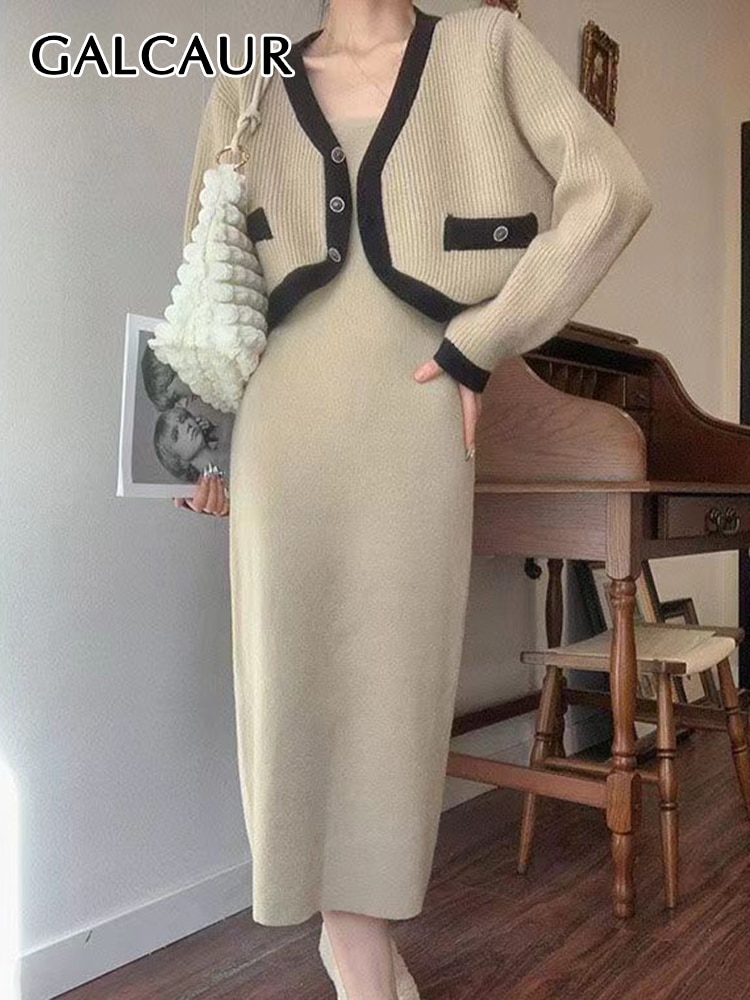 GALCAUR Hit Color Two Piece Sets For Women V Neck Long Sleeve Single Breasted Coat High Waist Loose Dress Knitting Set Female
