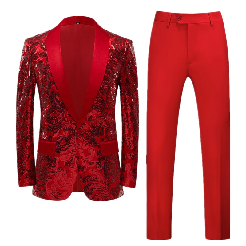 (Jacket + Pant) Fashion Men Sequin Suit Gold / Green Men's Luxurious Wedding Dance Party Stage Perform Dress Male Blazer Tr