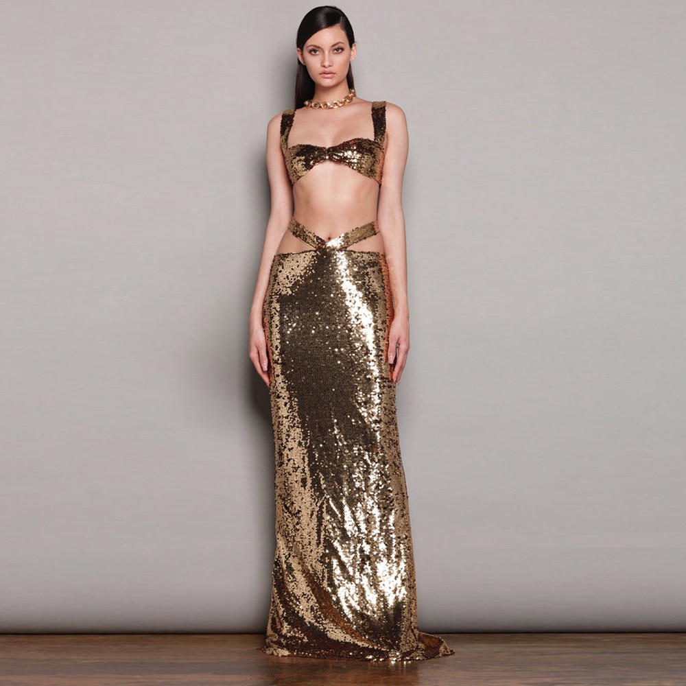 Luxury Sequins 2 Piece Set Women Sexy Evening Party Dress Suits Spaghetti Straps Crop Top Cut Out High Waist Bodycon Maxi Skirts