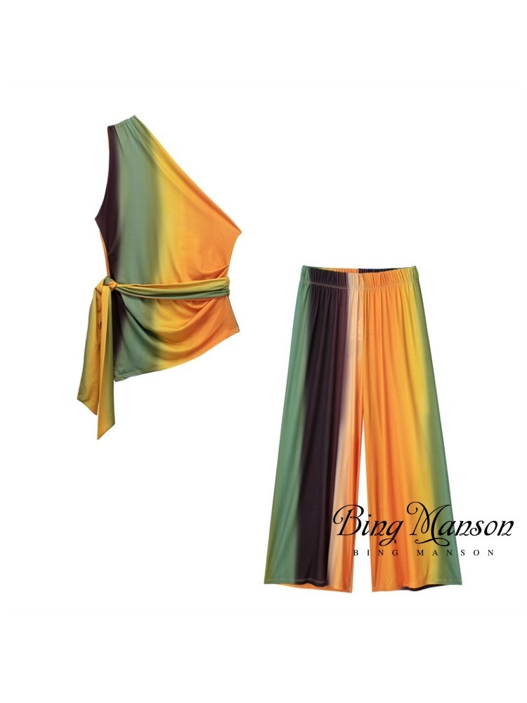 2023 Summer New Fashion Casual Ruffle Edge Asymmetric Women's Top Bow Sleeveless Casual Top T-shirt+Wide Tube Ankle Pants