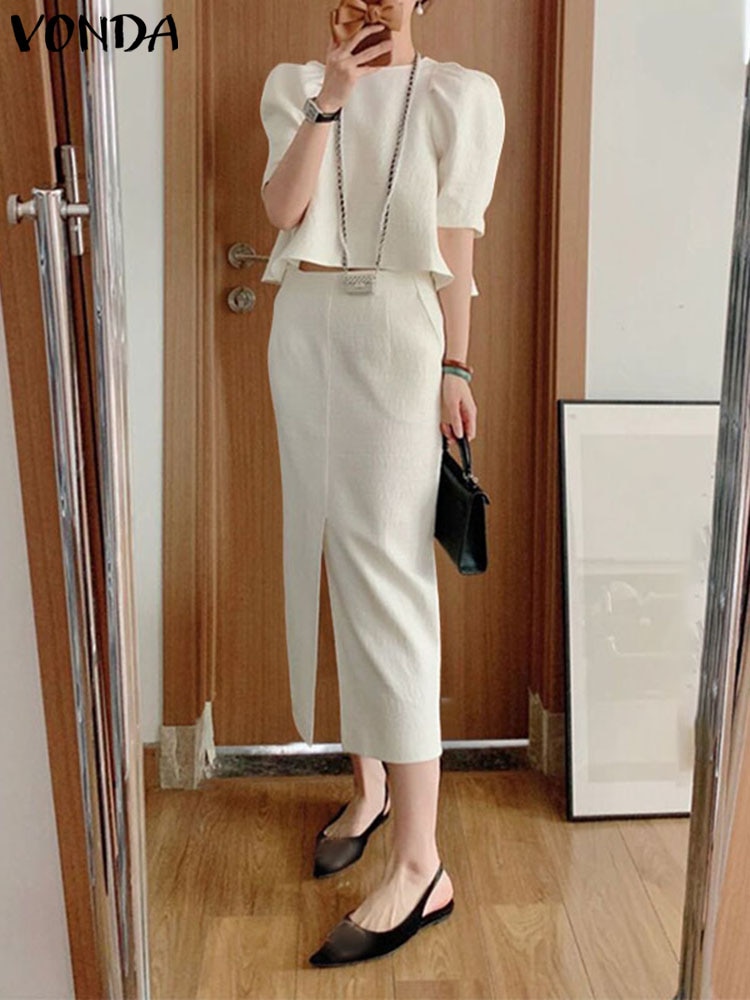VONDA Women Elegant Short Sleeve Office Sets 2023 Summer Dress Matching Sets Fashion Suits V-Neck Sexy Tops + Casual Mini Skirts