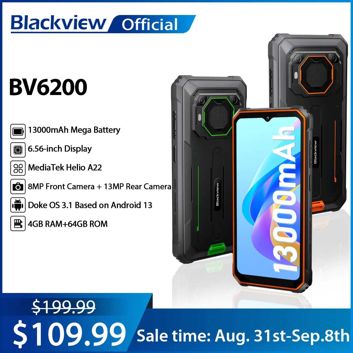 Blackview BV6200 Helio A22 6.56'' Android13 Rugged Machine 8GB 64GB 13MP Rear Camera 13000mAh with 18W Charge Dual 4G 