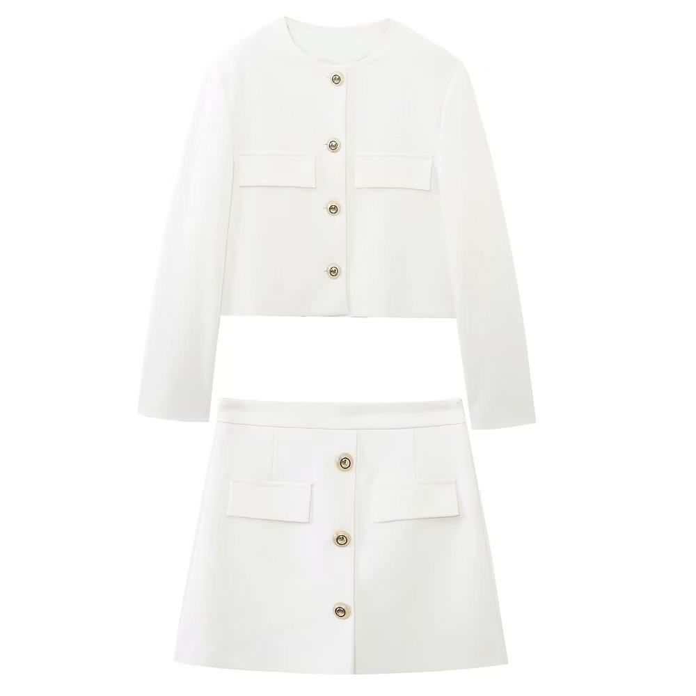 Autumn 2023 Commuter Office Lady White Dress Skirt Set For Women Gold Button Embellished Short Jacket Coat And Short Mini Skirt