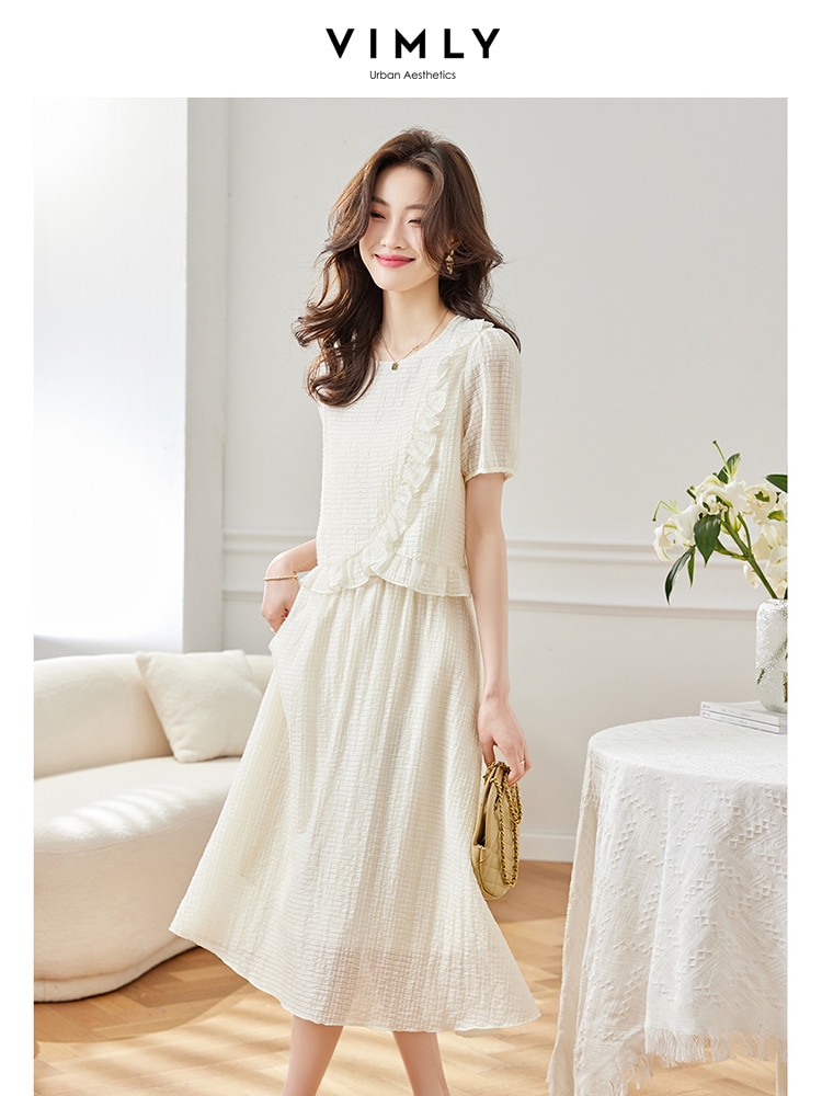 Vimly Fashion Women's Summer Suit 2023 Simple O-neck Flounced edge Short Sleeve Shirt and A-line High Waist Midi Skirt M122