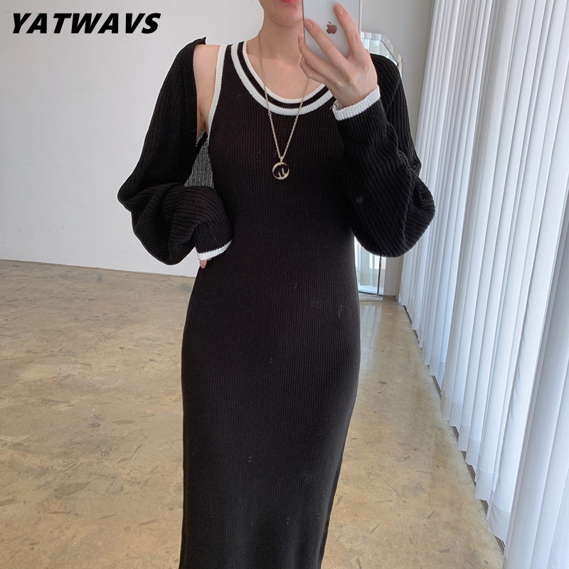 Women Contrasting Knitted Two Piece Sets Short Shawl Coat+Design Splicing Knitted Mid Vest Dress Female Autumn Sweater Suit