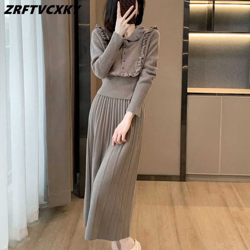 Designer Pleated Skirts Knitted 2 Piece Set For Women Eelgant Ruffles Knitted Pullover+Long Skirt Ladies Autumn Sweaters Suits